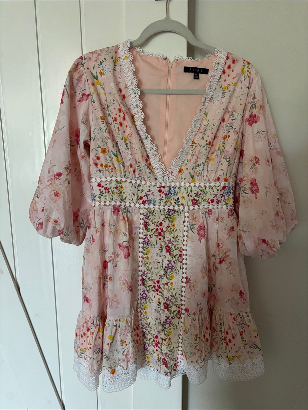 Pink Floral V-Neck Peplum Tunic with Lace Trim